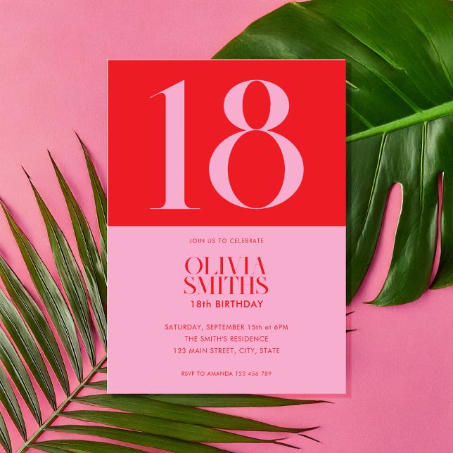 Modern minimalistisk Rosa Red 18:e födelsedag Inbjudningar (Skapare uppladdad)