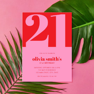 Modern minimalistisk Rosa Red 21:a födelsedag Inbjudningar