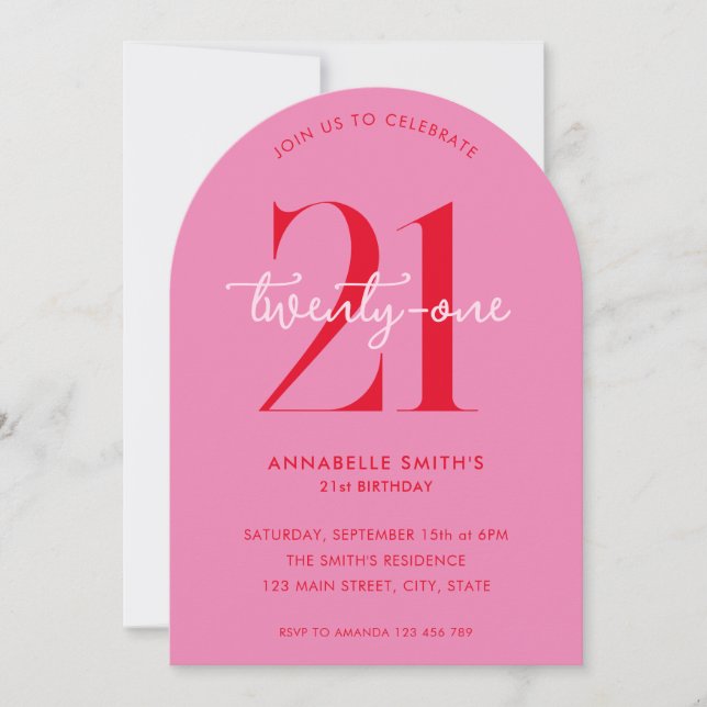 Modern minimalistisk Rosa Red 21:a födelsedag Inbjudningar (Framsida)