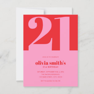 Modern minimalistisk Rosa Red 21:a födelsedag Vykort