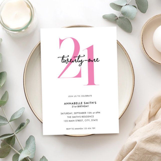 Modern minimalistisk Rosa Vit 21:a födelsedag Inbjudningar (Skapare uppladdad)