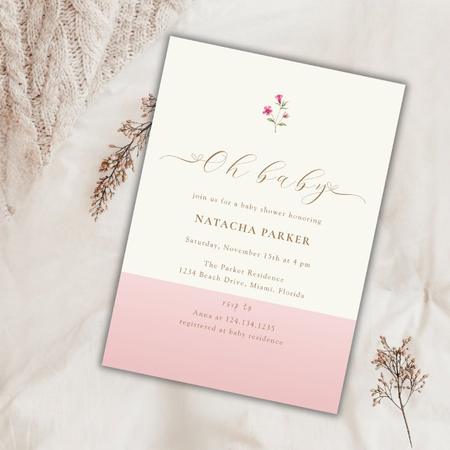 Modern minimalistisk Rosa WildblomBaby Shower Inbjudningar (Modern Minimalist Pink Wildflower Baby Shower Invitation)