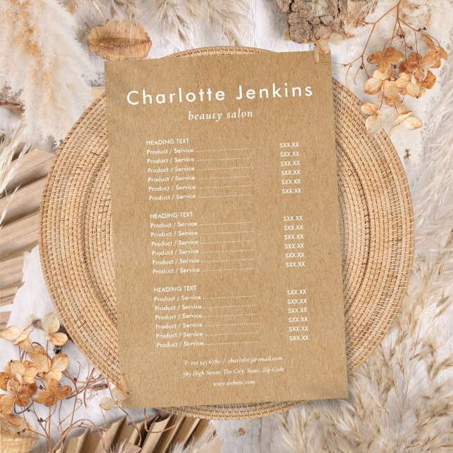 Modern Minimalistisk Rustik Kraft Salongtjänst Men Flygblad (Modern Minimalist Rustic Kraft Salon Service Menu Flyer)