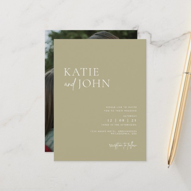 Modern Minimalistisk Salviagrön Bröllopsfoto Meddelande Vykort (Fram/Back In Situ)