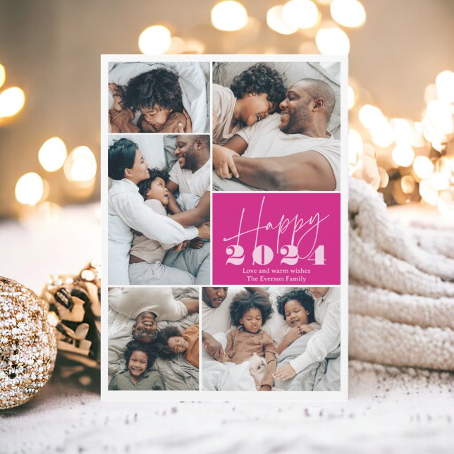 Modern minimalistisk shock rosa 6-bild Lycklig 202 Julkort (Modern minimalist hot pink 6 photos Happy 2024 Holiday Card)