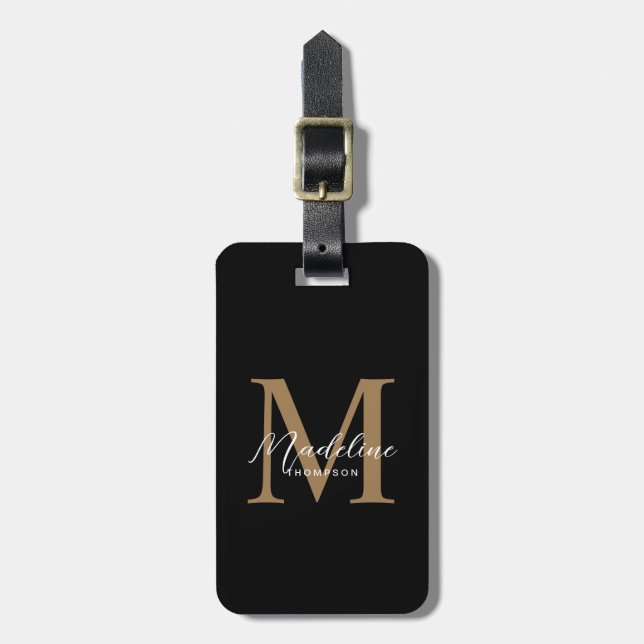 Modern Minimalistisk skrift Black Guld Monogram Bagagebricka (Vertikal Framsida)