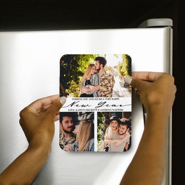 Modern minimalistisk skript 3 fotokollage nytt år magnet (Skapare uppladdad)