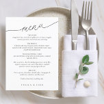 Modern minimalistisk skript Bröllop Meny<br><div class="desc">Den enkla och moderna bröllop-menyn har ett modernt skript "menu" i en ängel med klassiskt serif-teckensnitt. Din gäst kommer att se ut som den rena minimalistiska svartvita synen på kärlek.</div>