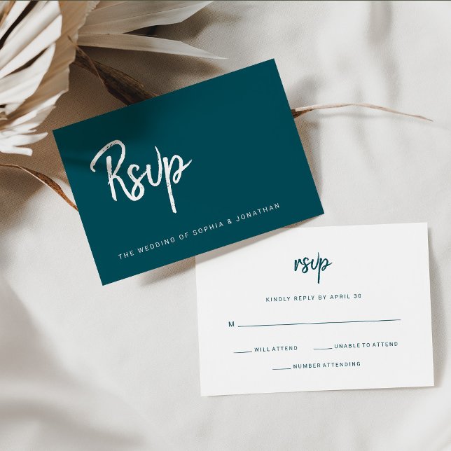 Modern, minimalistisk skript - djupskalning | BRÖL OSA Kort (A trendy, deep teal colored wedding rsvp card)