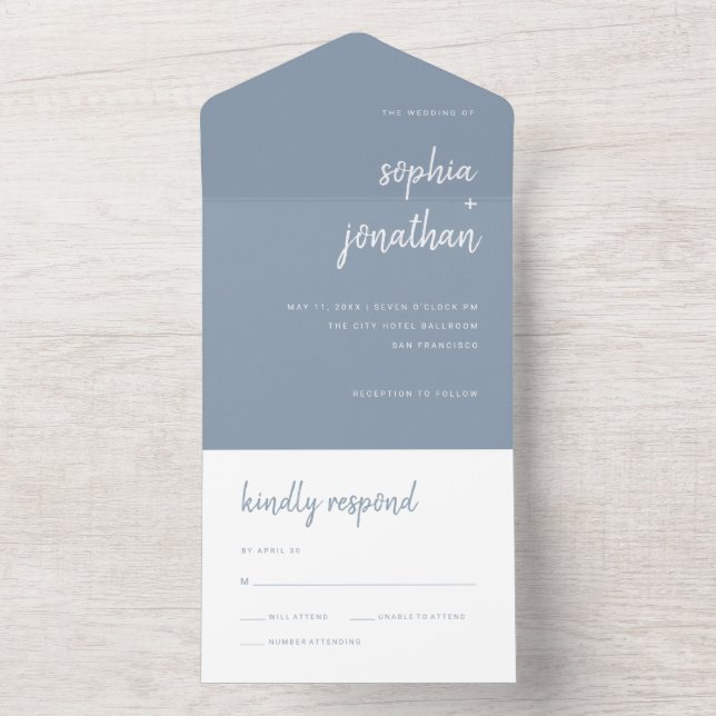 Modern, minimalistisk skript | Dusty Blue Bröllop (Insida)