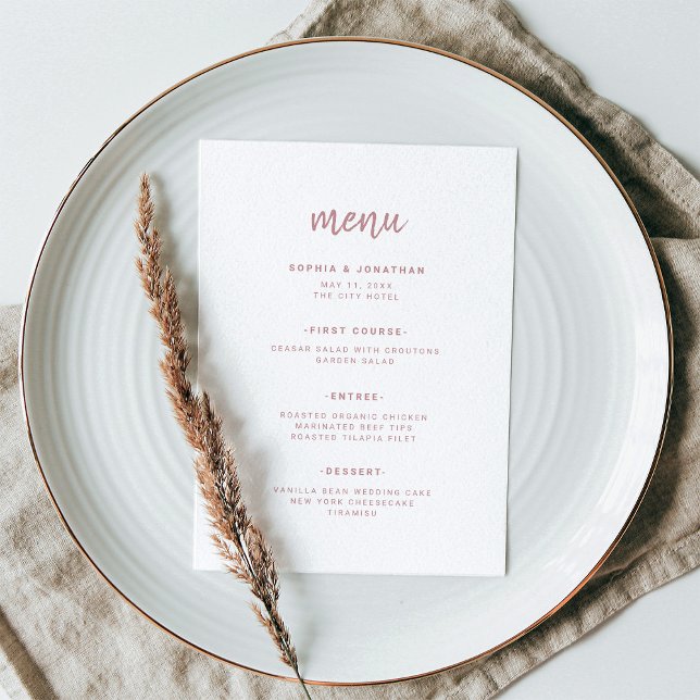Modern minimalistisk skript Dusty Ro | BRÖLLOP Meny (A simple and modern wedding menu in white and dusty rose)