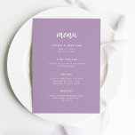Modern minimalistisk skript Lavender | BRÖLLOP Meny<br><div class="desc">Den här eleganten har ett minimalistiskt bröllop-menykort en modernt,  vit skripttypografi och ren,  sans serif-text på en färgstark ljusbakgrund för lavender-ljus lila för en enkel och snyggt design som du kommer att använda i kärlek.</div>