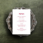 Modern, minimalistisk skript | Magenta Red Bröllop Meny<br><div class="desc">Den här eleganten har ett minimalistiskt bröllop-menykort modern skripttypografi och ren,  sans serif-text för en enkel magenta med röd och vit snyggt som du vill använda i kärlek.</div>