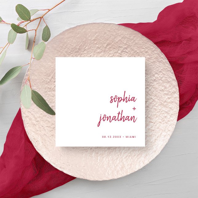 Modern, minimalistisk skript | Magenta Red Bröllop Pappersservett (Skapare uppladdad)