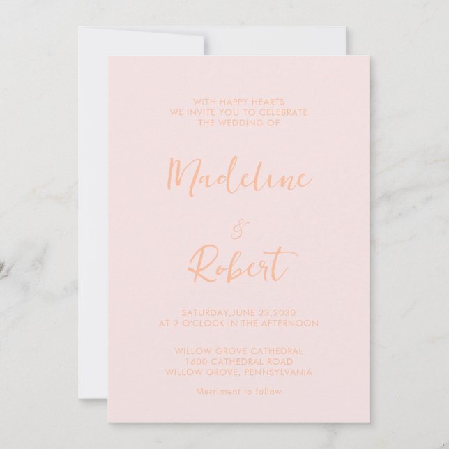Modern minimalistisk skript Peach  rosa Bröllop Inbjudningar (Framsida)