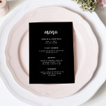Modern, minimalistisk skript svart | BRÖLLOP Meny<br><div class="desc">Den här eleganten har ett minimalistiskt bröllop-menykort en modernt,  vit skripttypografi och ren,  sans serif-text på en svart bakgrund för en enkel och snyggt design som du kommer att använda i kärlek.</div>