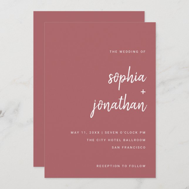 Modern Minimalistisk skript Terra Rosa | BRÖLLOP Inbjudningar (Fram/baksida)