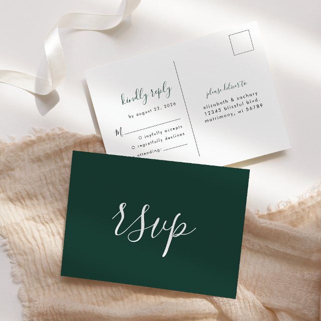 Modern minimalistisk smaragdgrön bröllops-RSVP Vykort (Skapare uppladdad)
