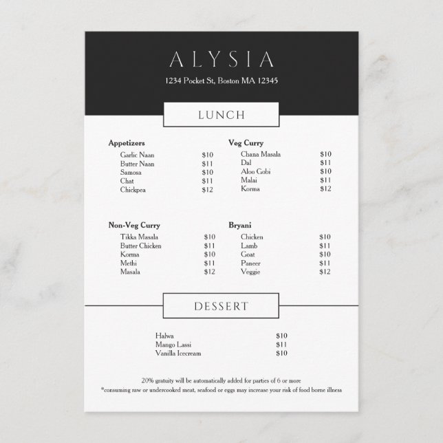 Modern Minimalistisk Sofistikerad Restaurang  Meny (Framsida)
