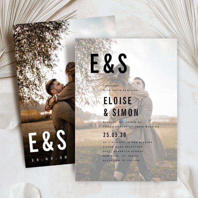 Modern minimalistisk stor, fetstialistisk monogram inbjudningar (Modern Minimalist Big Bold Monogram simple classic  Photo Wedding Invitation)