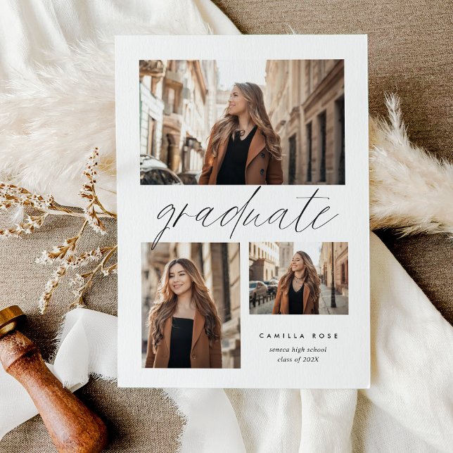 Modern minimalistisk Studenten 3-fotokollage Meddelande (Modern Minimalist Graduation 3 Photo Collage Announcement)