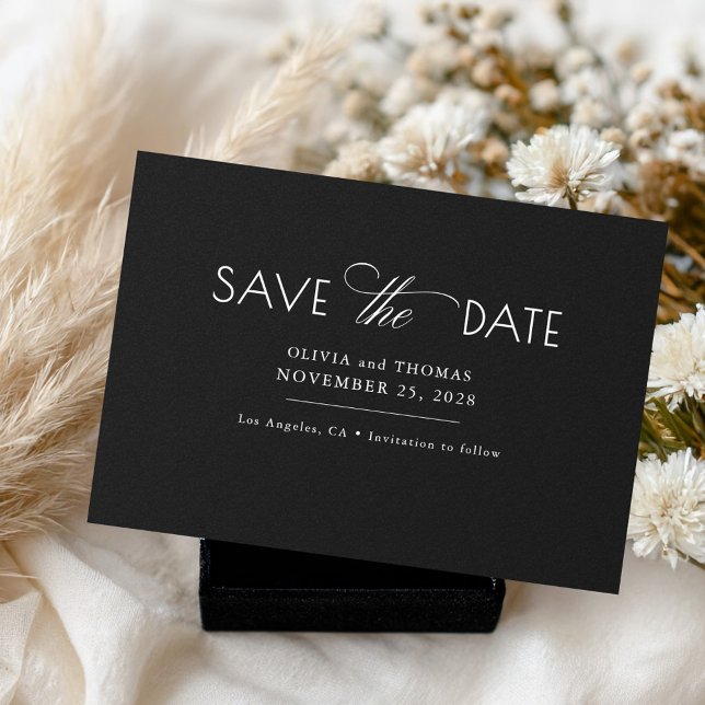 Modern minimalistisk svart Bröllop spara datum Spara Datumet (Save the Date Black Minimalist Wedding Cards)