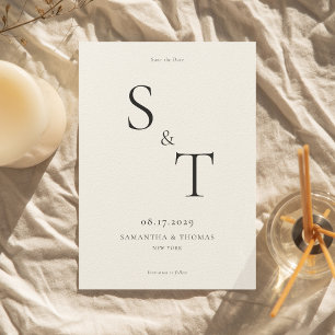 Modern minimalistisk svart & Ecru Monogram Bröllop Spara Datumet