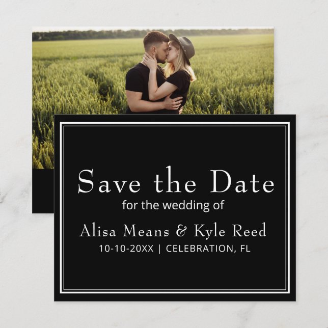 Modern minimalistisk svart foto spara datum (Fram/baksida)