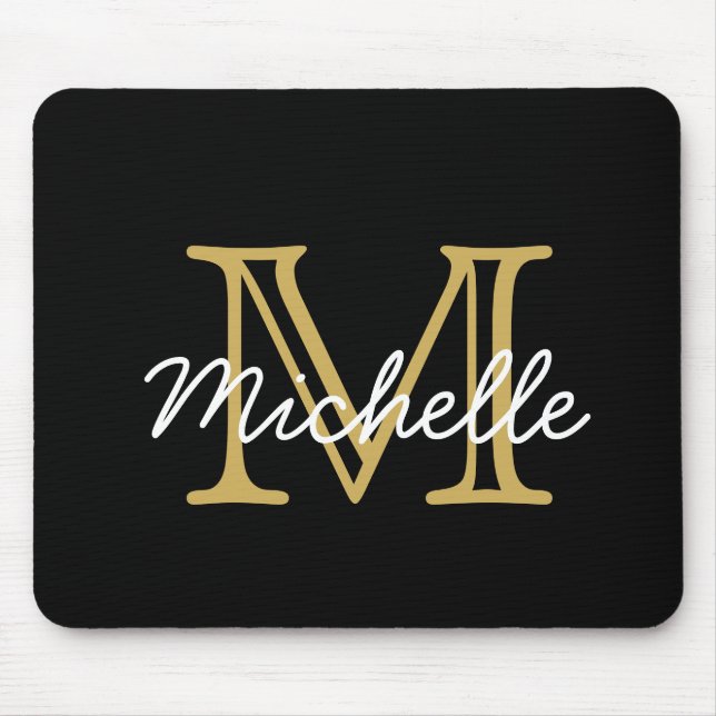 Modern Minimalistisk svart Guld-monogram Musmatta (Framsidan)