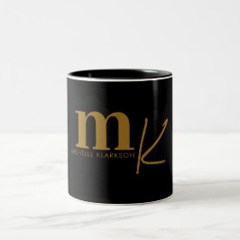 Modern minimalistisk svart Guld-monogram Två-Tonad Mugg