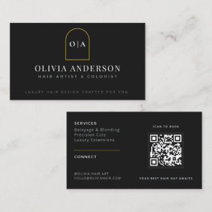 Modern minimalistisk svart guld QR salong Visitkort