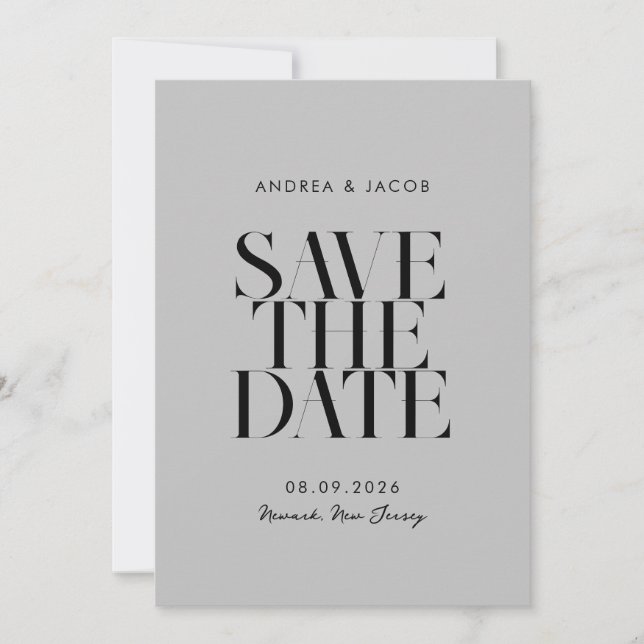 Modern minimalistisk svart och Grått Chic Bröllop Spara Datumet (Framsida)