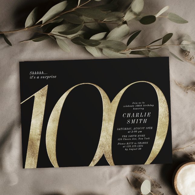 Modern minimalistisk svart och guld 100-årsdag inbjudningar (Modern minimalist black and gold 100th birthday invitation)
