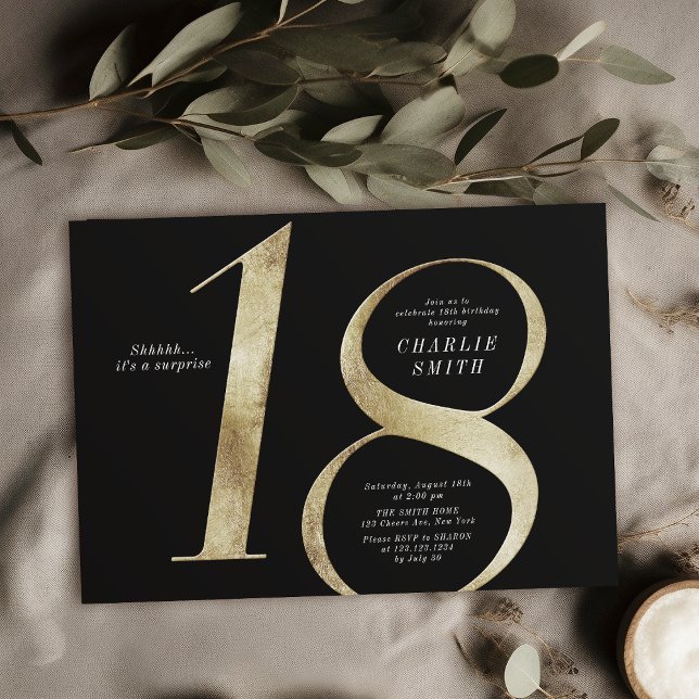 Modern minimalistisk svart och guld 18:e födelseda inbjudningar (Modern minimalist black and gold 18th birthday invitation)