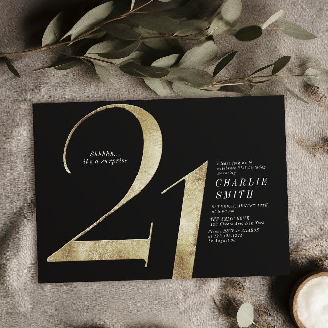 Modern minimalistisk svart och guld 21:a födelseda inbjudningar (Modern minimalist black and gold 21st birthday invitation)
