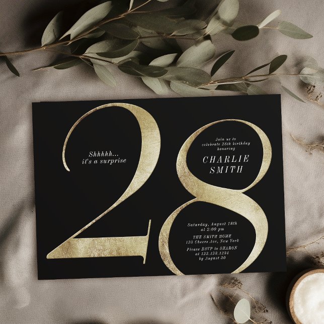 Modern minimalistisk svart och guld 28:e födelseda inbjudningar (Modern minimalist black and gold 28th birthday invitation)