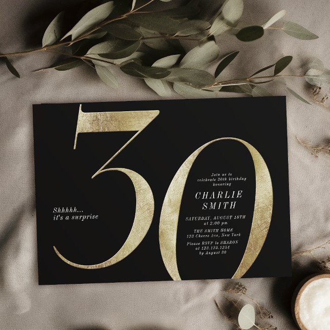 Modern minimalistisk svart och guld 30års födelsed inbjudningar (Modern minimalist black and gold 30th birthday invitation)