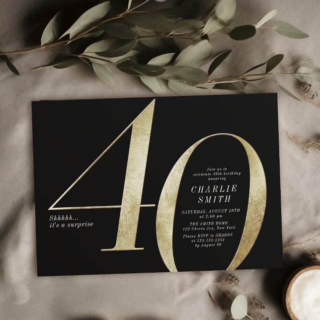 Modern minimalistisk svart och guld 40-årsdag inbjudningar (Modern minimalist black and gold 40th birthday invitation)