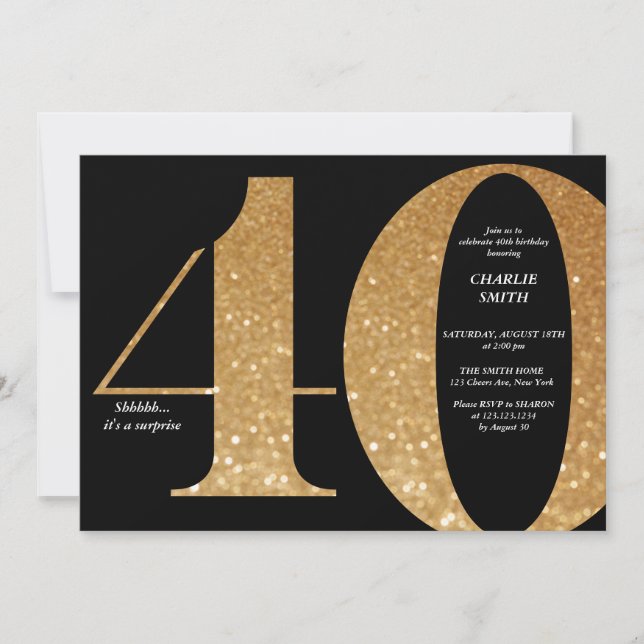 Modern minimalistisk svart och guld 40-årsdag inbjudningar (Framsida)