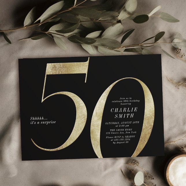 Modern minimalistisk svart och guld 50-årsdag inbjudningar (Modern minimalist black and gold 50th birthday invitation)