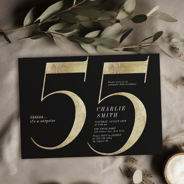 Modern minimalistisk svart och guld 55:e födelseda inbjudningar (Modern minimalist black and gold 55th birthday invitation)