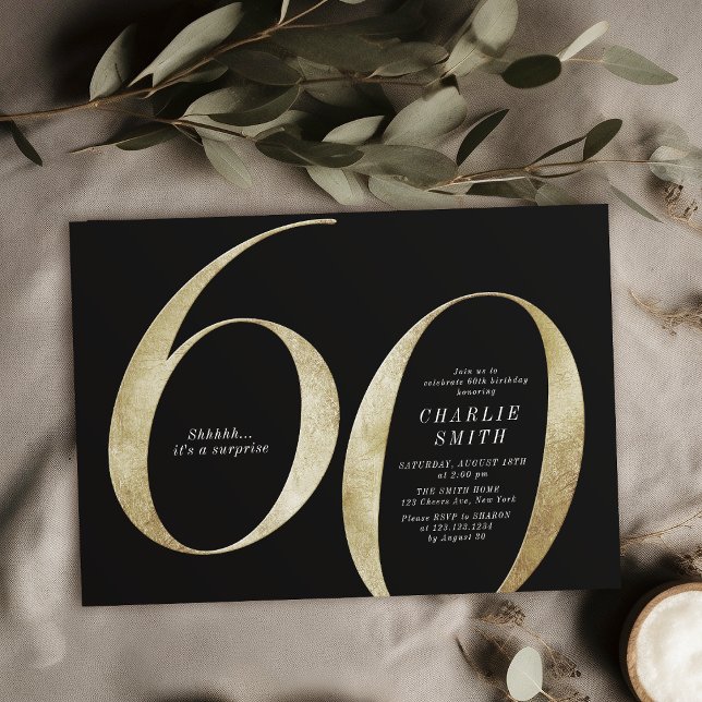 Modern minimalistisk svart och guld 60-årsdag inbjudningar (Modern minimalist black and gold 60th birthday invitation)
