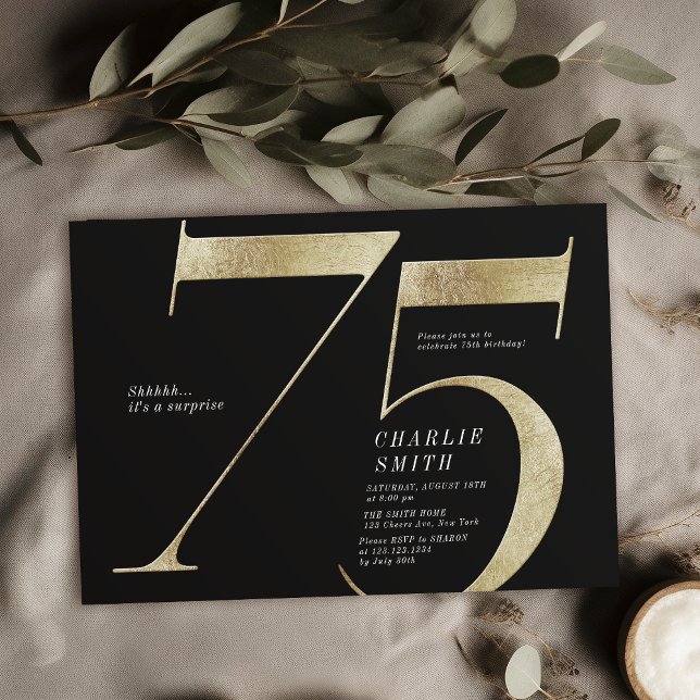 Modern minimalistisk svart och guld 75:e födelseda inbjudningar (Modern minimalist black and gold 75th birthday invitation)