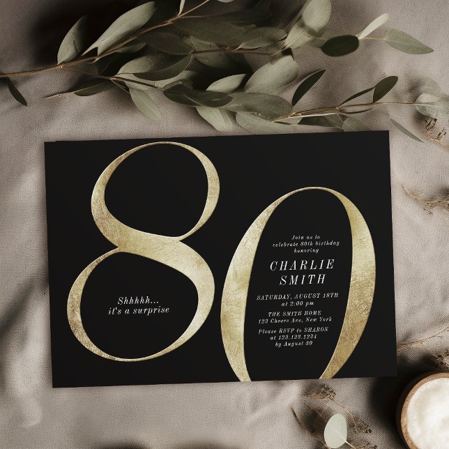 Modern minimalistisk svart och guld 80-årsdag inbjudningar (Modern minimalist black and gold 80th birthday invitation)