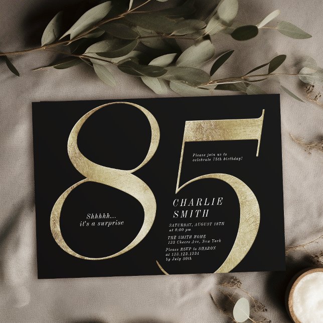 Modern minimalistisk svart och guld 85-årsdag inbjudningar (Modern minimalist black and gold 85th birthday invitation)