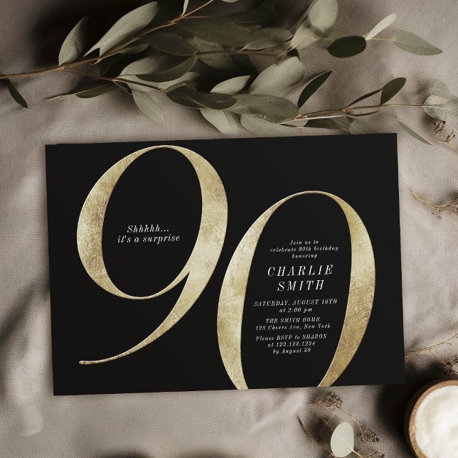 Modern minimalistisk svart och guld 90:e födelseda inbjudningar (Modern minimalist black and gold 90th birthday invitation)