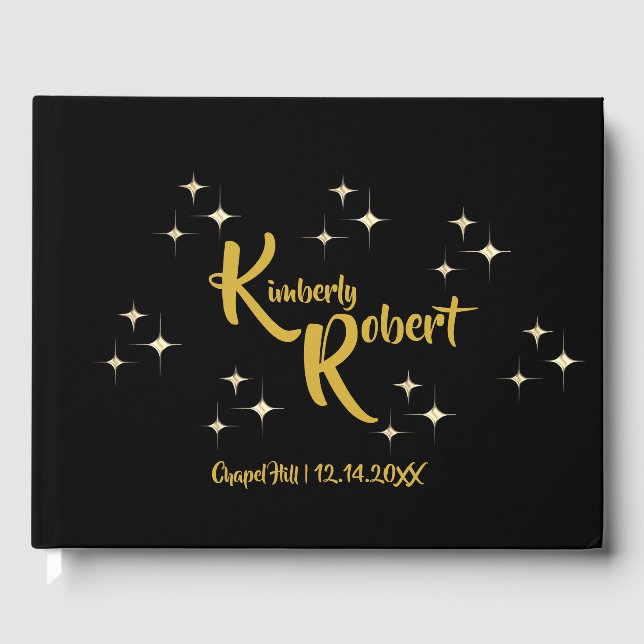 Modern minimalistisk svart och Gult Guld Bröllop Gästböcker (Framsida)