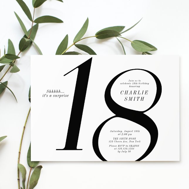 Modern minimalistisk svart och vit 18-årsdag inbjudningar (Modern minimalist black and white 18th birthday invitation)