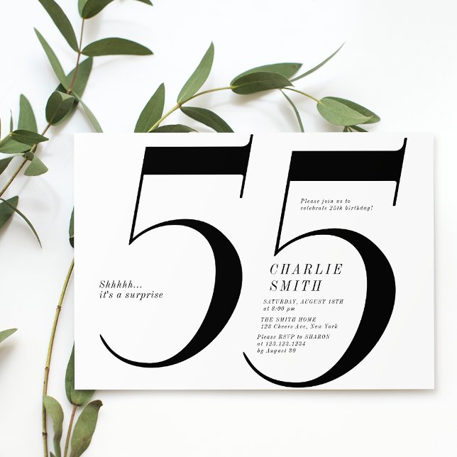 Modern minimalistisk svart och vit 55-årsdag inbjudningar (Modern minimalist black and white 55th birthday invitation)
