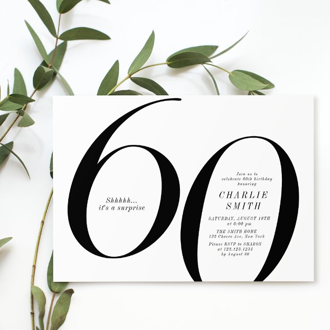 Modern minimalistisk svart och vit 60-årsdag inbjudningar (Modern minimalist black and white 60th birthday invitation)